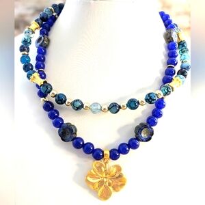 Blue Jade & Dragon Vein Pendant Two Strand Bead Necklace